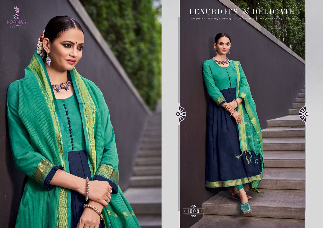 Poonam Handloom Kali Fancy Ethnic Wear Jacquard Anarkali Kurti With Dupatta Collection